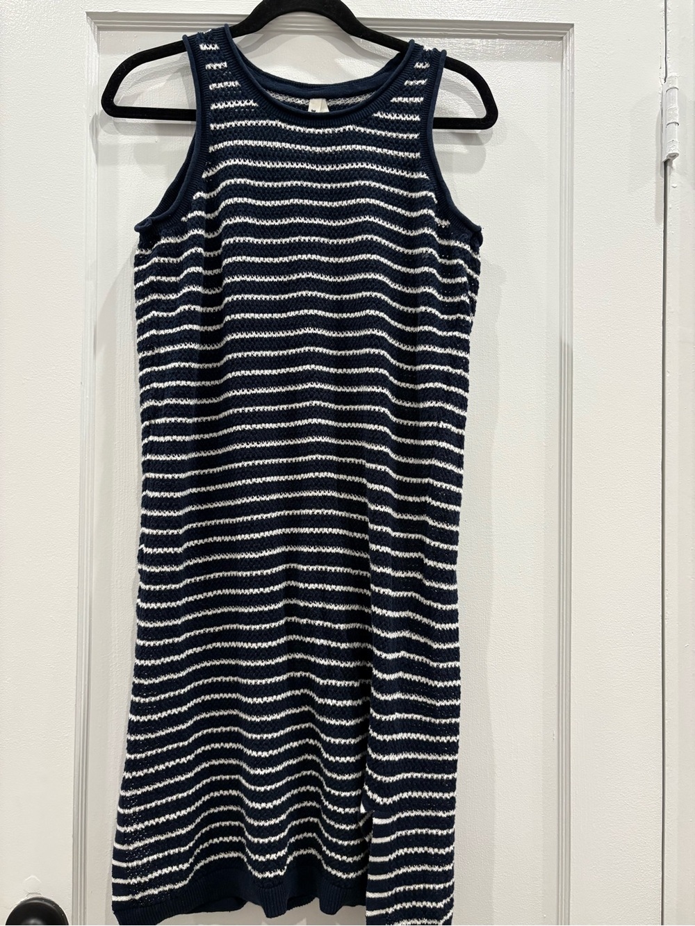 Pact Organic Cotton Open Knit Crochet Stripe Sweater Dress Swim Cover Up M Navy